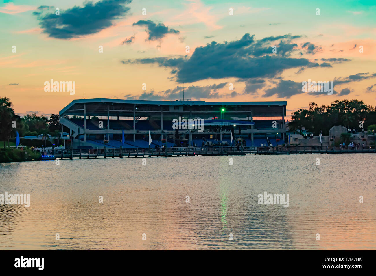 Orlando, Florida. April 7, 2019. Panoramic view of Bayside Stadium on colorful sunset background