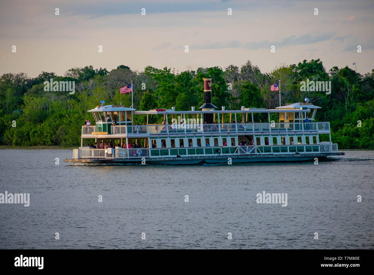 Orlando, Florida. April 02, 2019. Disney Ferry boat on blue lake at Walt Disney World . Stock Photo