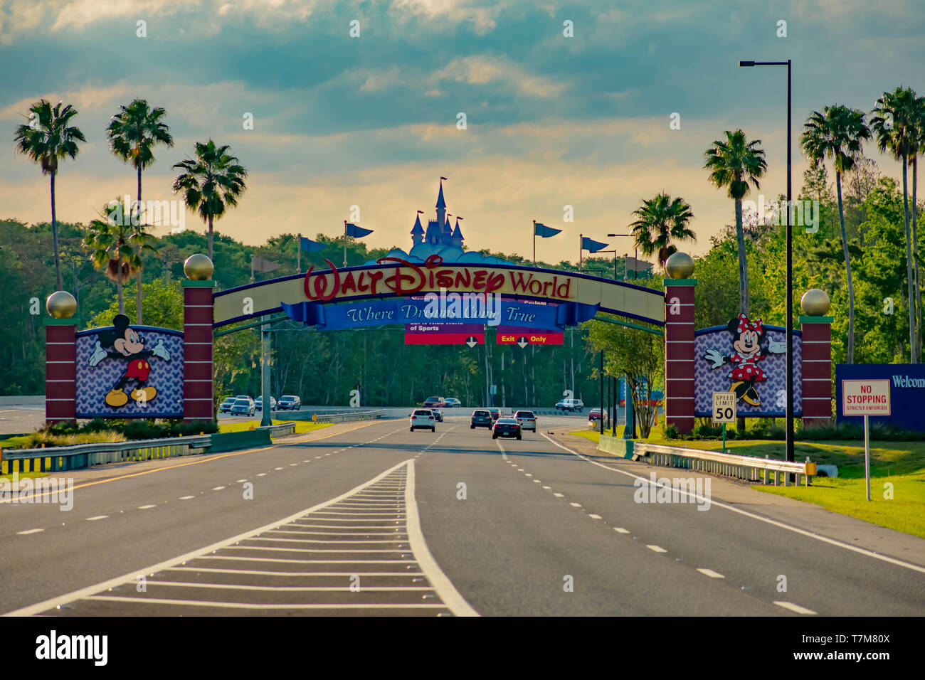 Orlando, Florida. April 02, 2019. Entrance Arch of Walt Disney World Theme Parks on beautiful