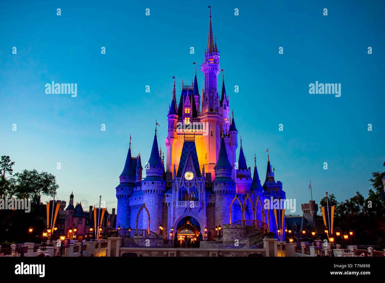 Orlando, Florida. April 02, 2019. Illuminated and colorful Cinderella's Castle  at Magic Kingdom in Walt Disney World area. Stock Photo