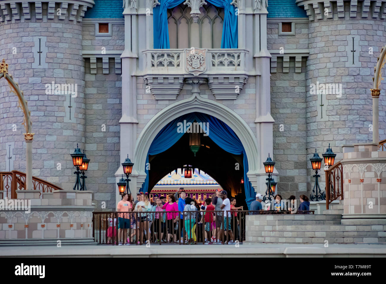 Orlando, Florida. April 02, 2019. People of different nationalities on the terrace of Cinderella's Castle at Walt Disney World . Stock Photo