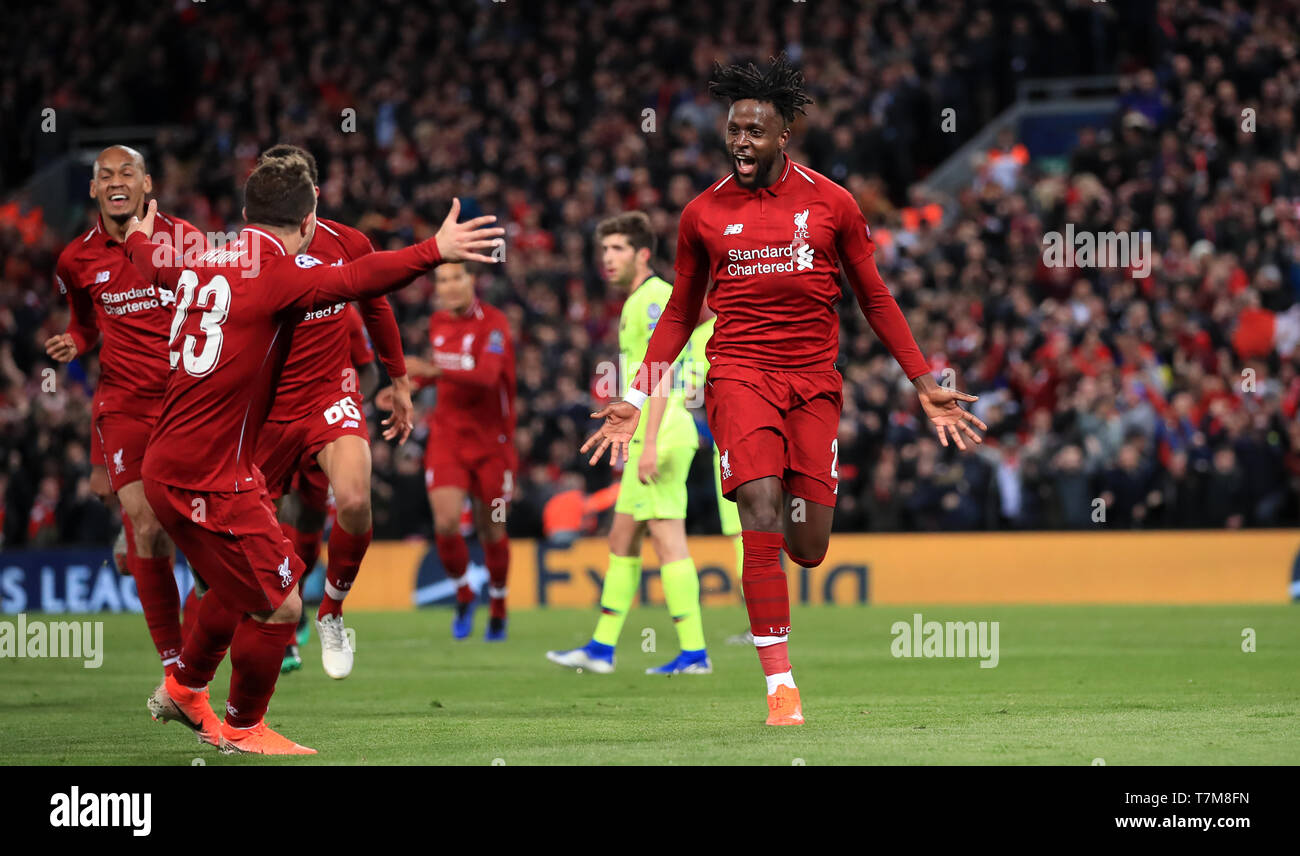 Liverpool's Divock Origi celebrates scoring his side's fourth goal of the  game during the UEFA Champions League Semi Final, second leg match at  Anfield, Liverpool Stock Photo - Alamy