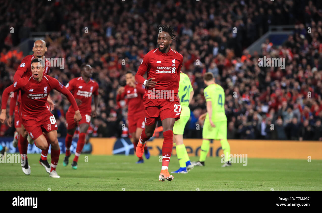 Liverpool's Divock Origi celebrates scoring his side's fourth goal of ...