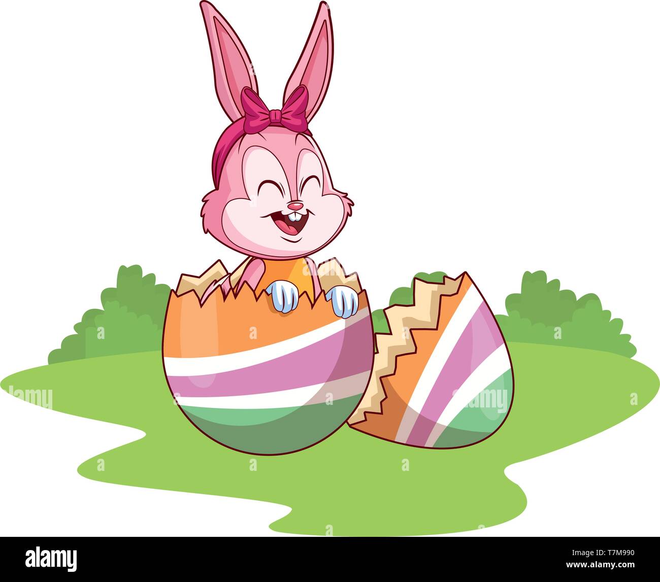Cute easter bunny celebration cracked egg nature background bushes ...