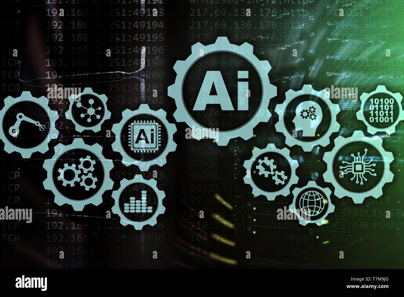 Artificial intelligence hi-tech business technologies concept. Futuristic server room background. AI Stock Photo