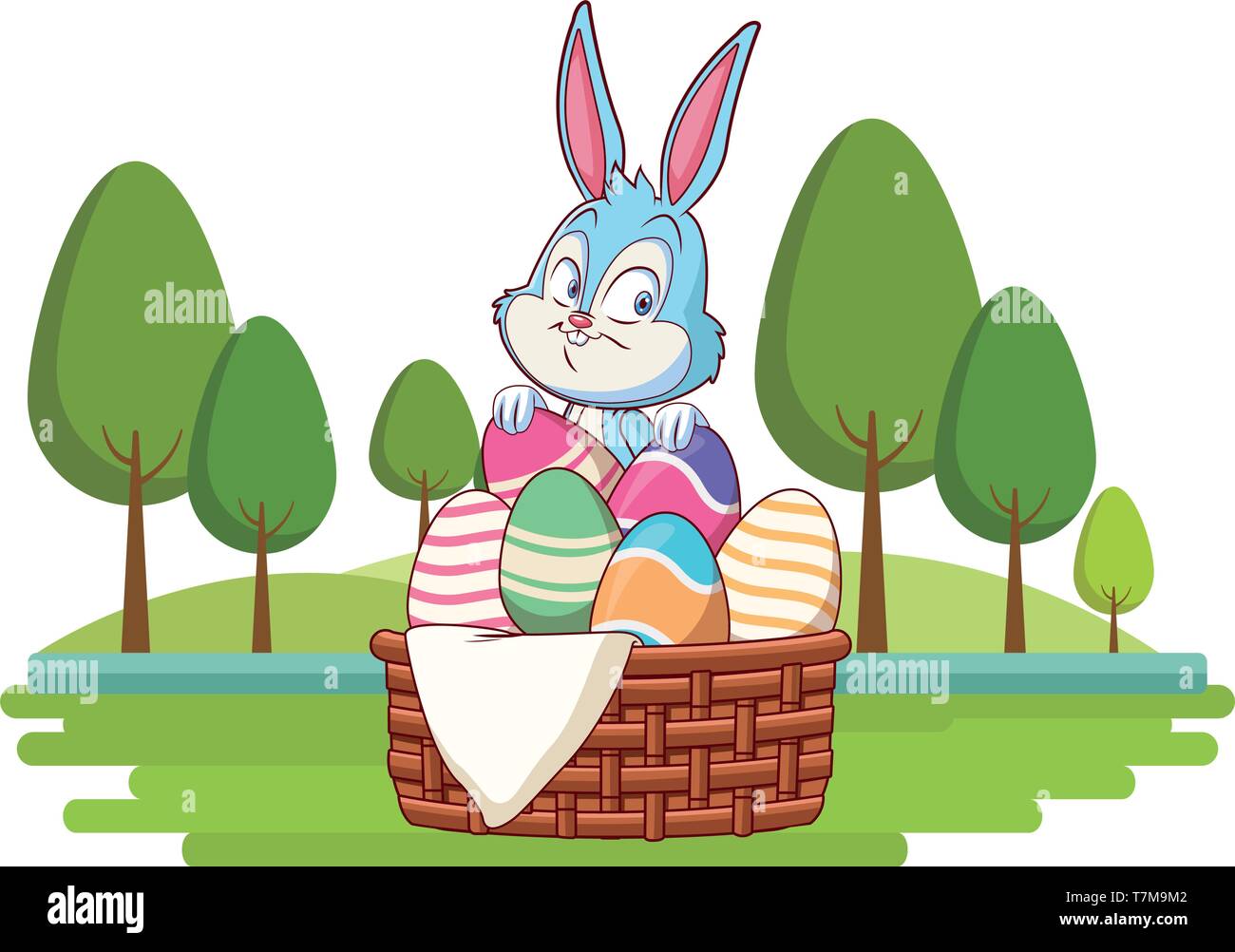 Cute easter bunny celebration egg basket nature background trees Stock ...