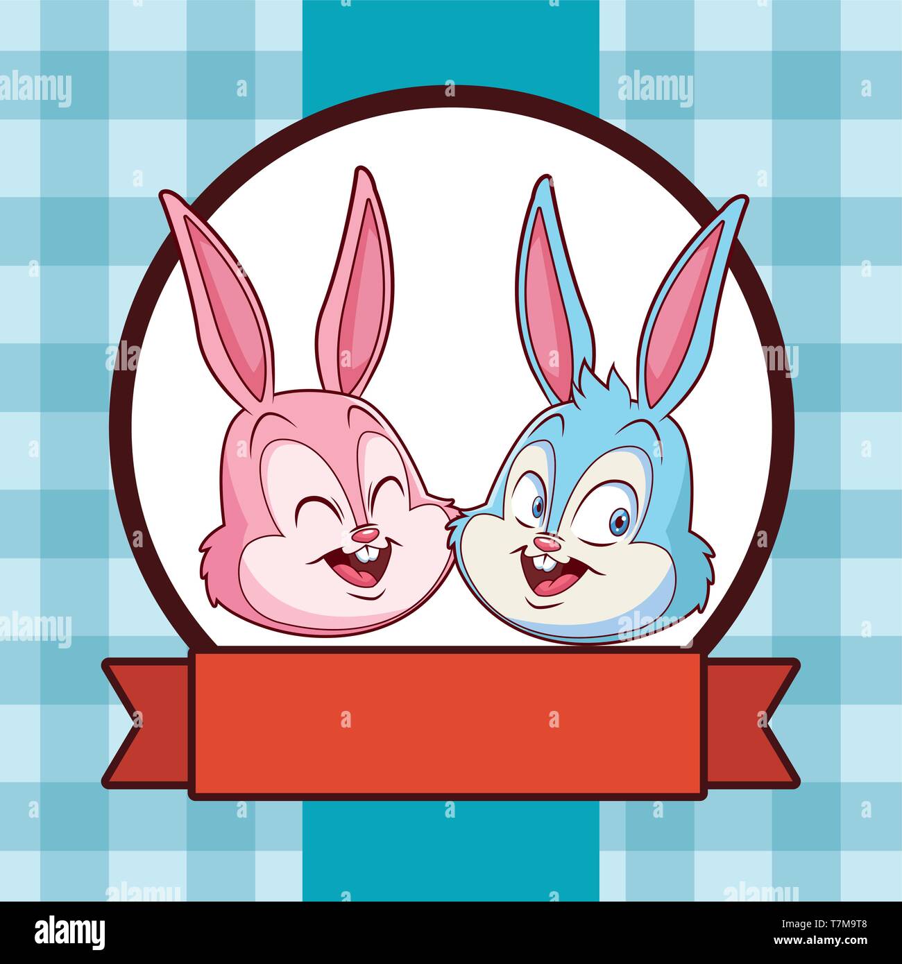 Cute Easter Bunny Happy Friends Portrait Checkered Background