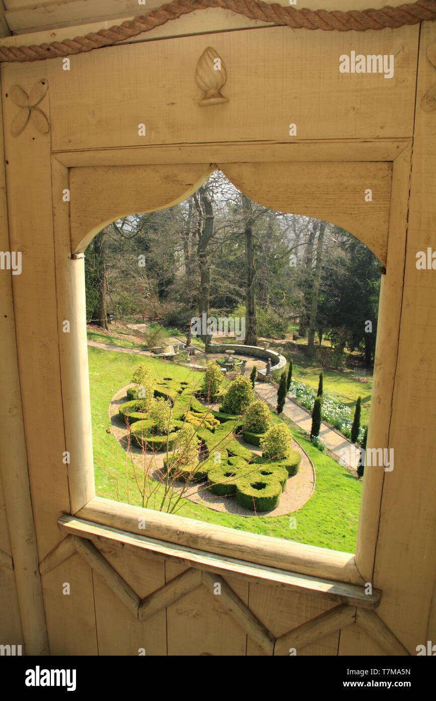 Belvoir Castle gardens. Box parterres featuring the initials of the Duke and Duchess of Rutland (D & E), seen from the stateley home's summer house Stock Photo