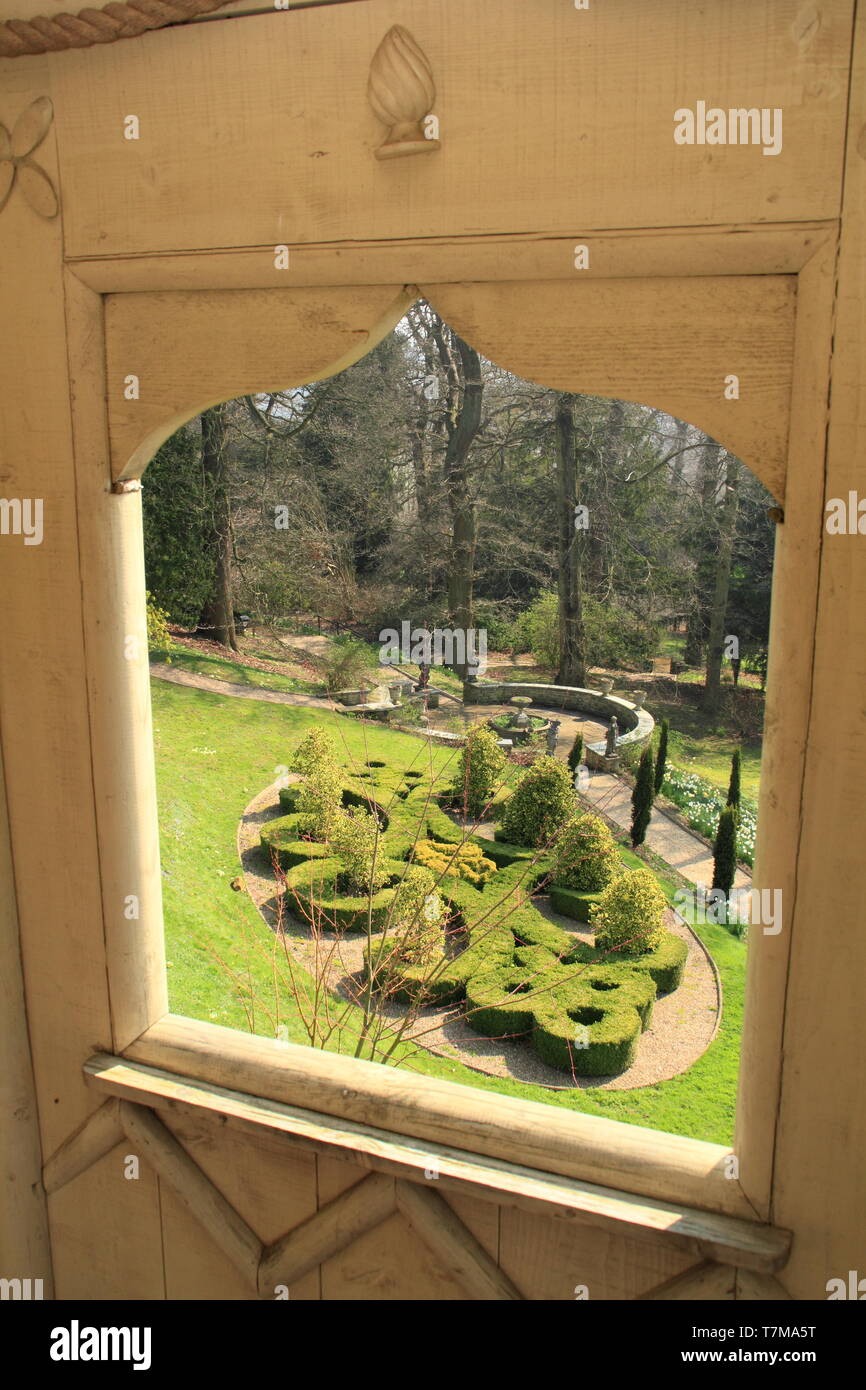 Belvoir Castle gardens. Box parterres featuring the initials of the Duke and Duchess of Rutland (D & E), seen from the stateley home's summer house Stock Photo