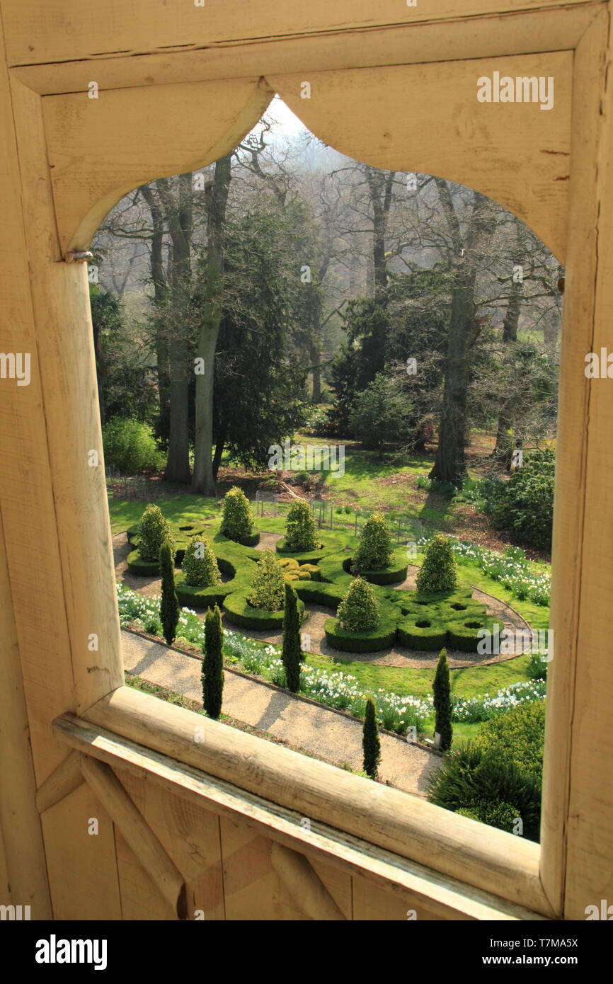 Belvoir Castle gardens. Box parterres featuring the initials of the Duke and Duchess of Rutland (D & E), seen from the stateley home's summer house Stock Photo