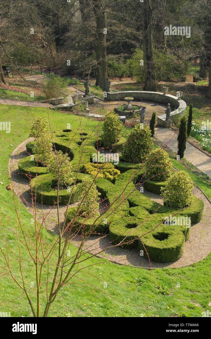 Belvoir Castle gardens. Box parterres featuring the initials of the Duke and Duchess of Rutland (D & E) in the Leicesterhsire stately home's gardens Stock Photo
