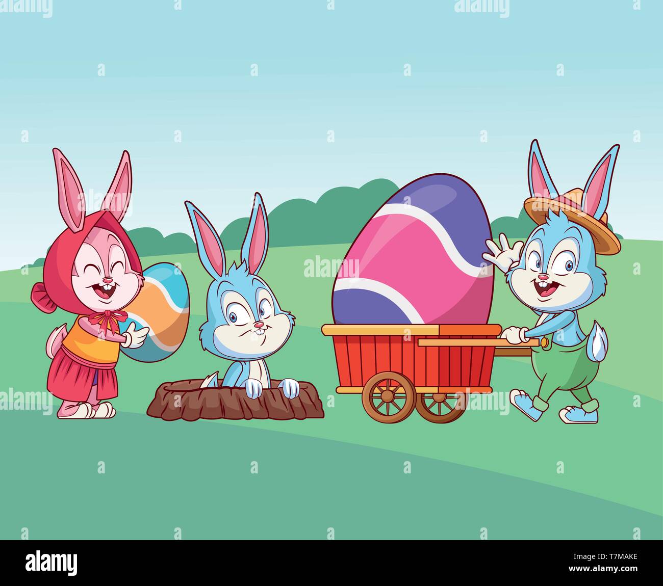 Cute easter bunny happy friends rabbit hole nature background bushes ...