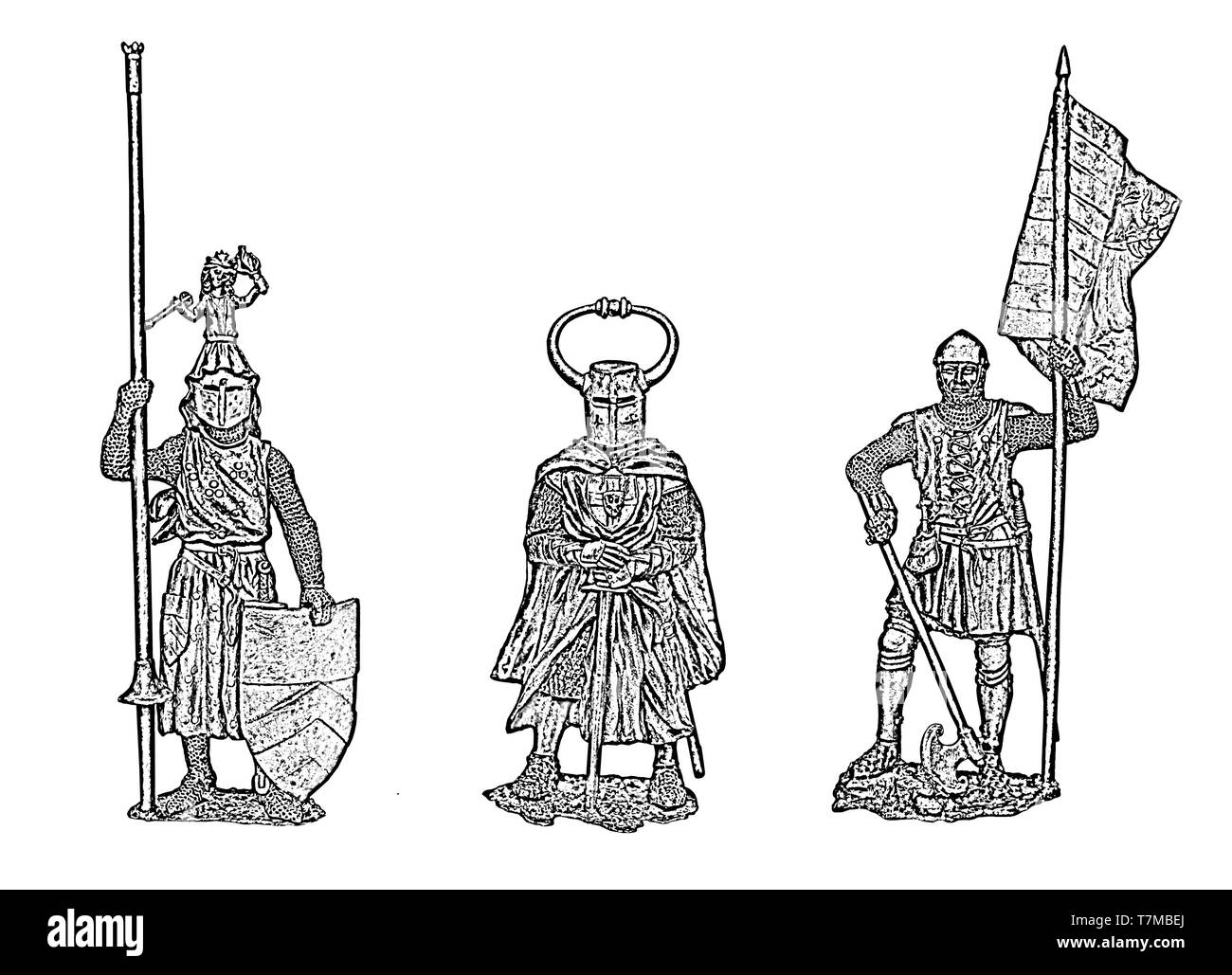 Medieval knights illustration. Set of 3 knights. Knight with banner. Stock Photo