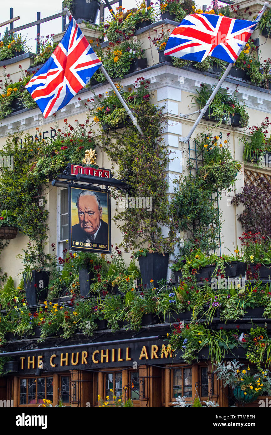London, UK - May 2nd 2019: The Churchill Arms public house in Notting Hill, London, UK. It has often been described as the most colourful pub in Londo Stock Photo