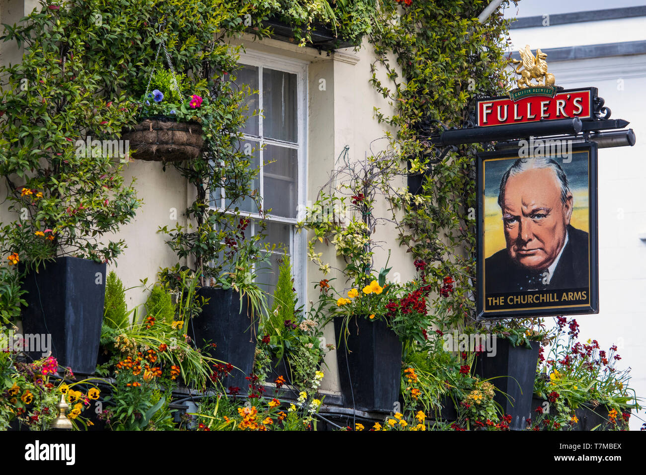 London, UK - May 2nd 2019: The Churchill Arms public house in Notting Hill, London, UK. It has often been described as the most colourful pub in Londo Stock Photo