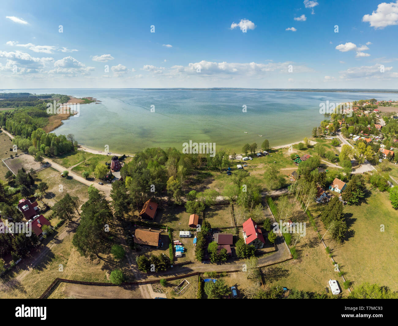 Aerial view of Sniardwy lake and Nowe Guty village Stock Photo