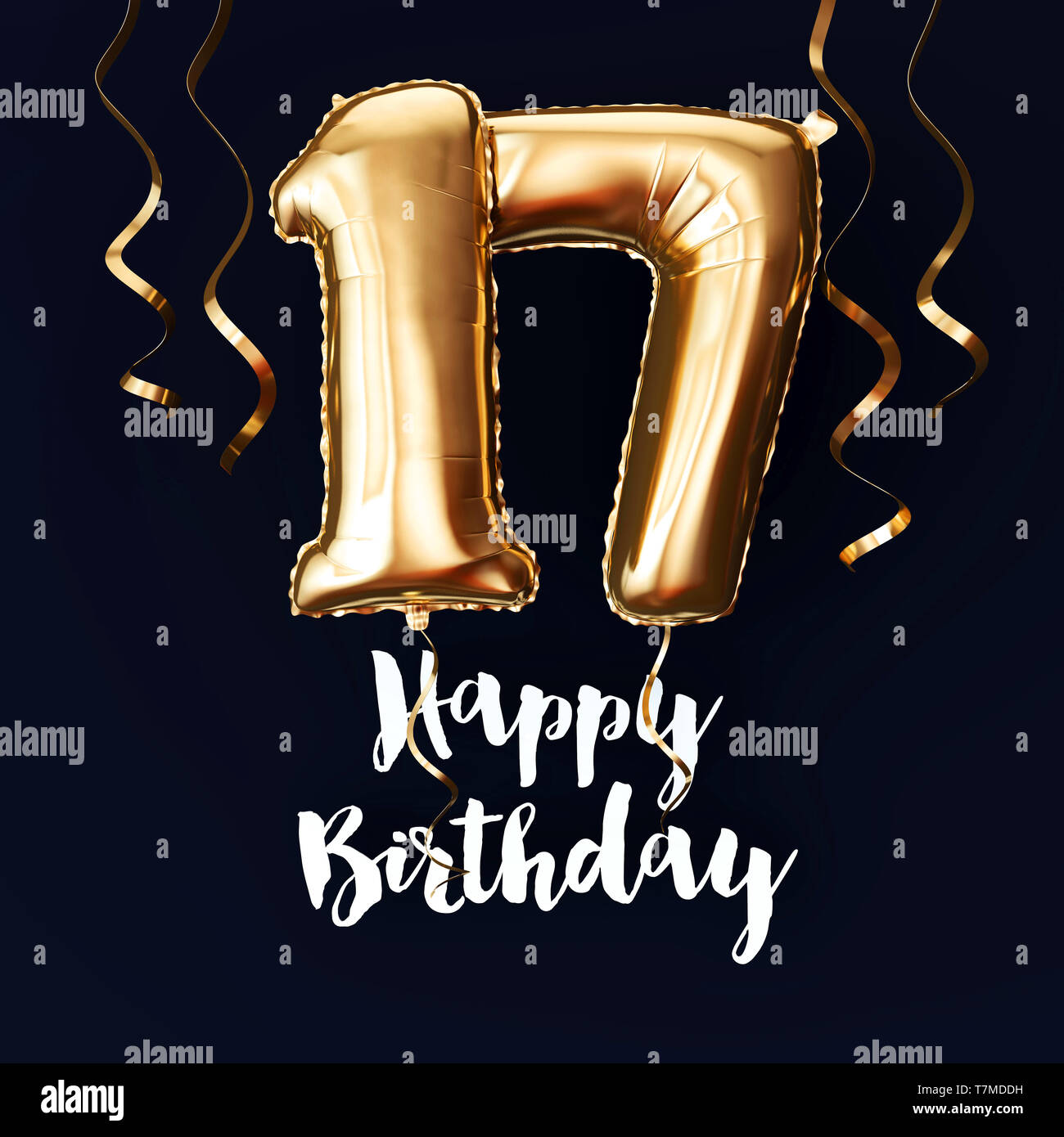 Happy 17th Birthday Gold Foil Balloon Background With Ribbons 3d