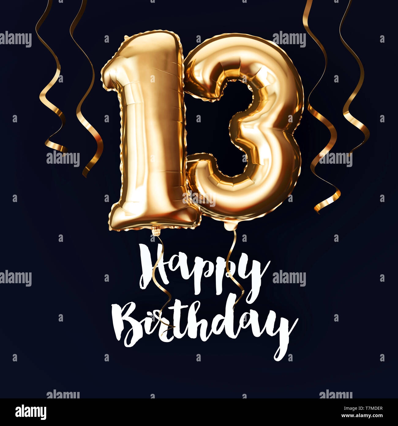 Happy 13th Birthday gold foil balloon background with ribbons. 3D Render  Stock Photo - Alamy