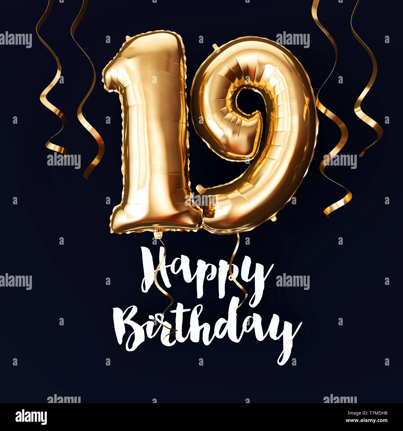 Happy 19th Birthday gold foil balloon background with ribbons. 3D Render  Stock Photo - Alamy