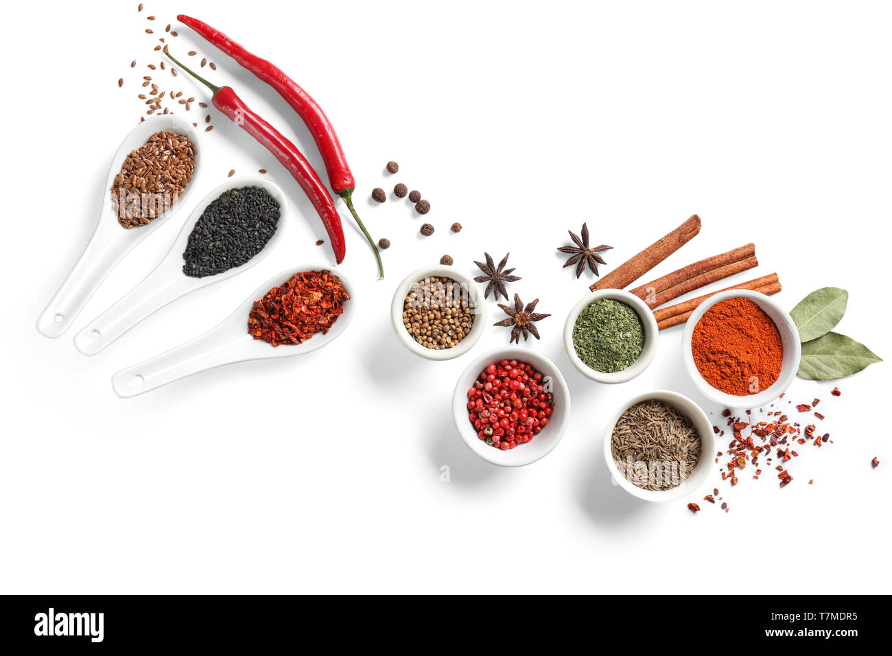 Composition with various spices on white background Stock Photo - Alamy