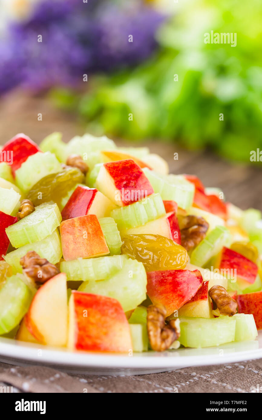 Fresh Waldorf salad made of celery, apple, walnuts, sultanas and