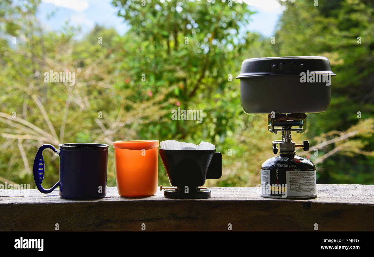 Brewing coffee at the campsite at Pumalin National Park, Patagonia, Region de los Lagos, Chile Stock Photo