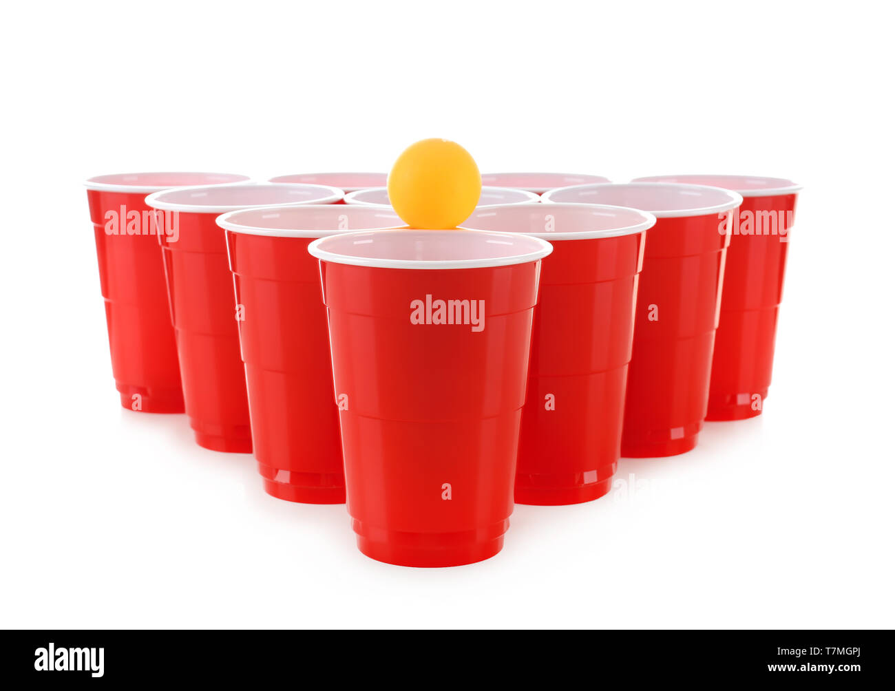 Beer pong. Red plastic cups and ping pong ball isolated on white background  Stock Photo - Alamy