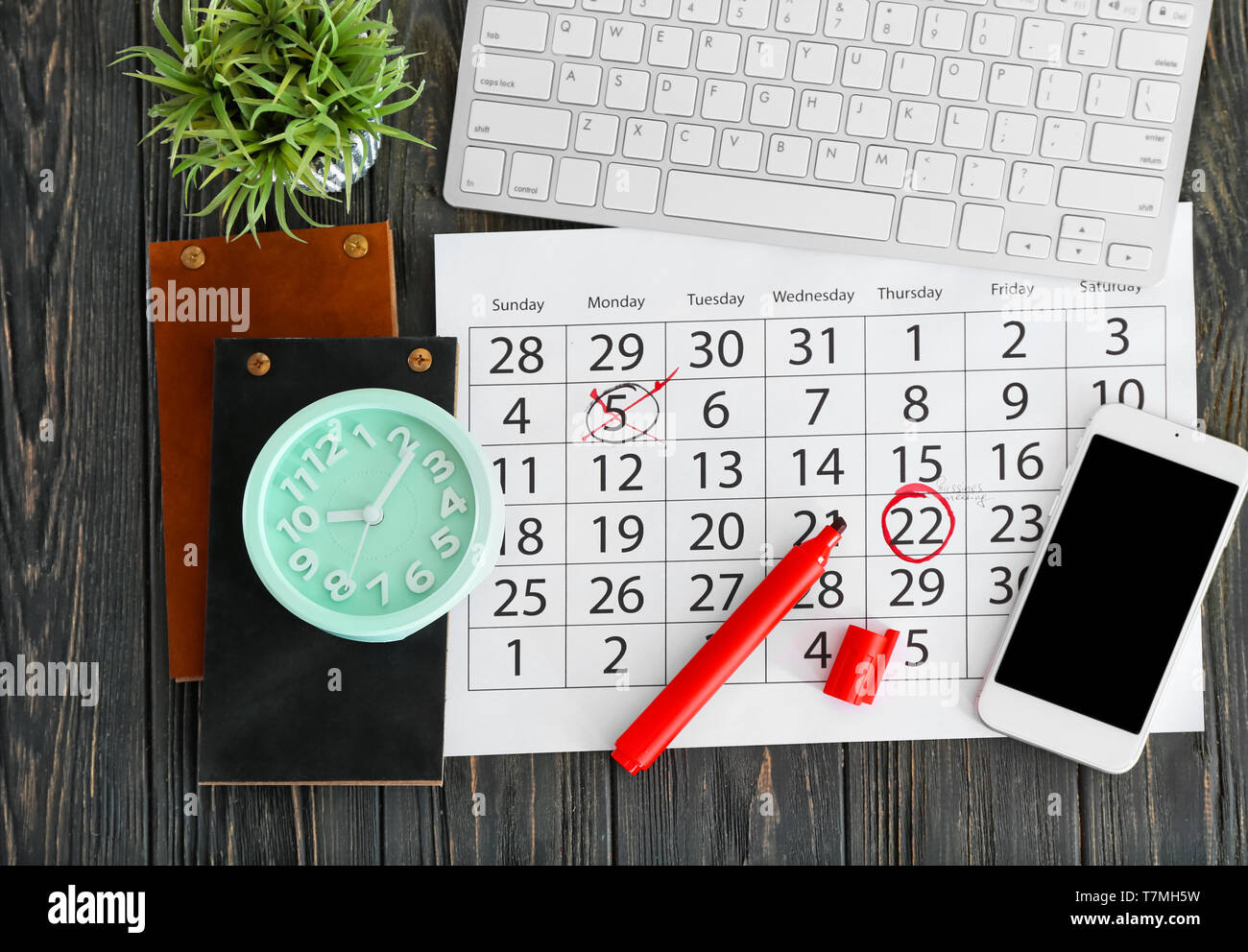 Composition Of Calendar With Notes Computer Keyboard And Clock On Wooden Background Stock Photo Alamy