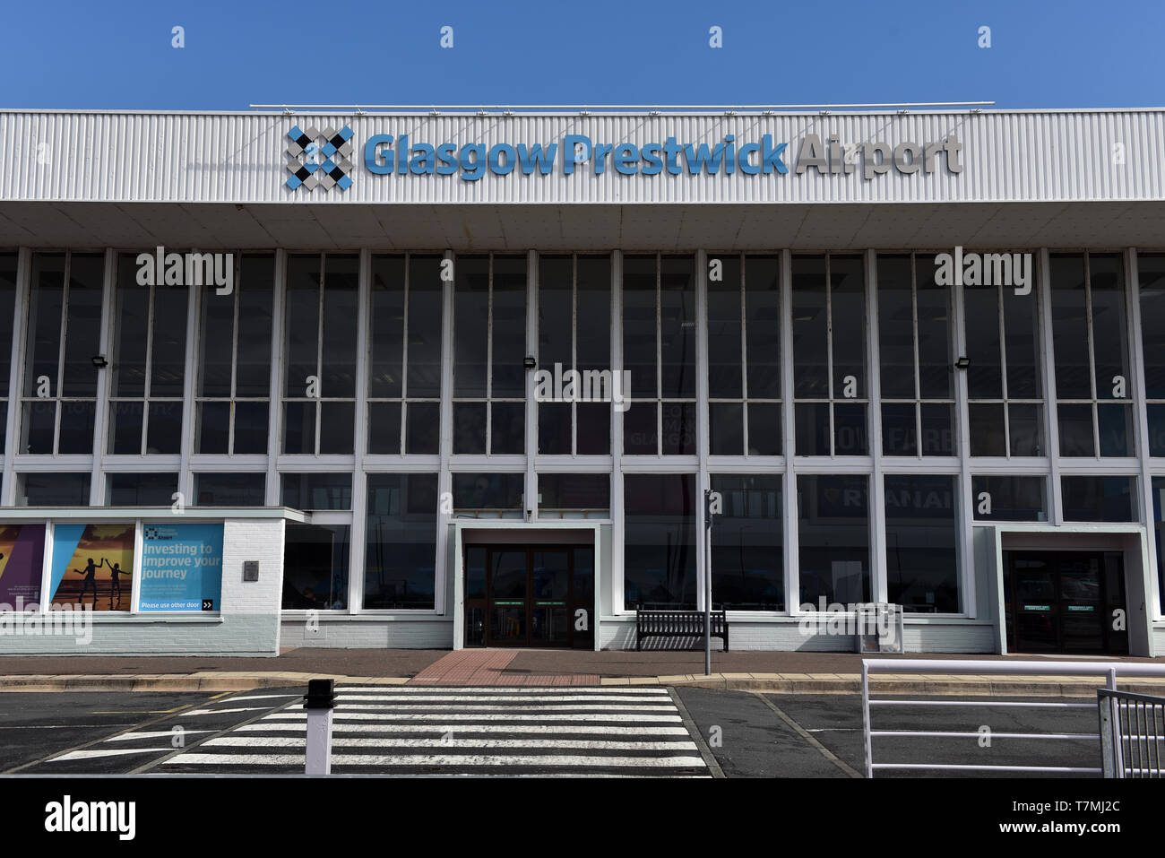 Glasgow Prestwick Airport front of main terminal building on a sunny