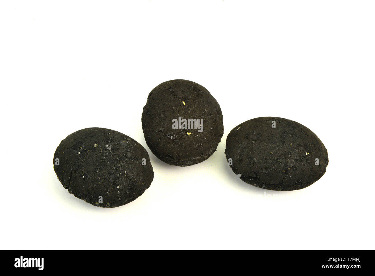 Coal, three egg-shaped briquettes made by compressing fragments and dust of mined coal. Studio picture against a white background. Germany Stock Photo