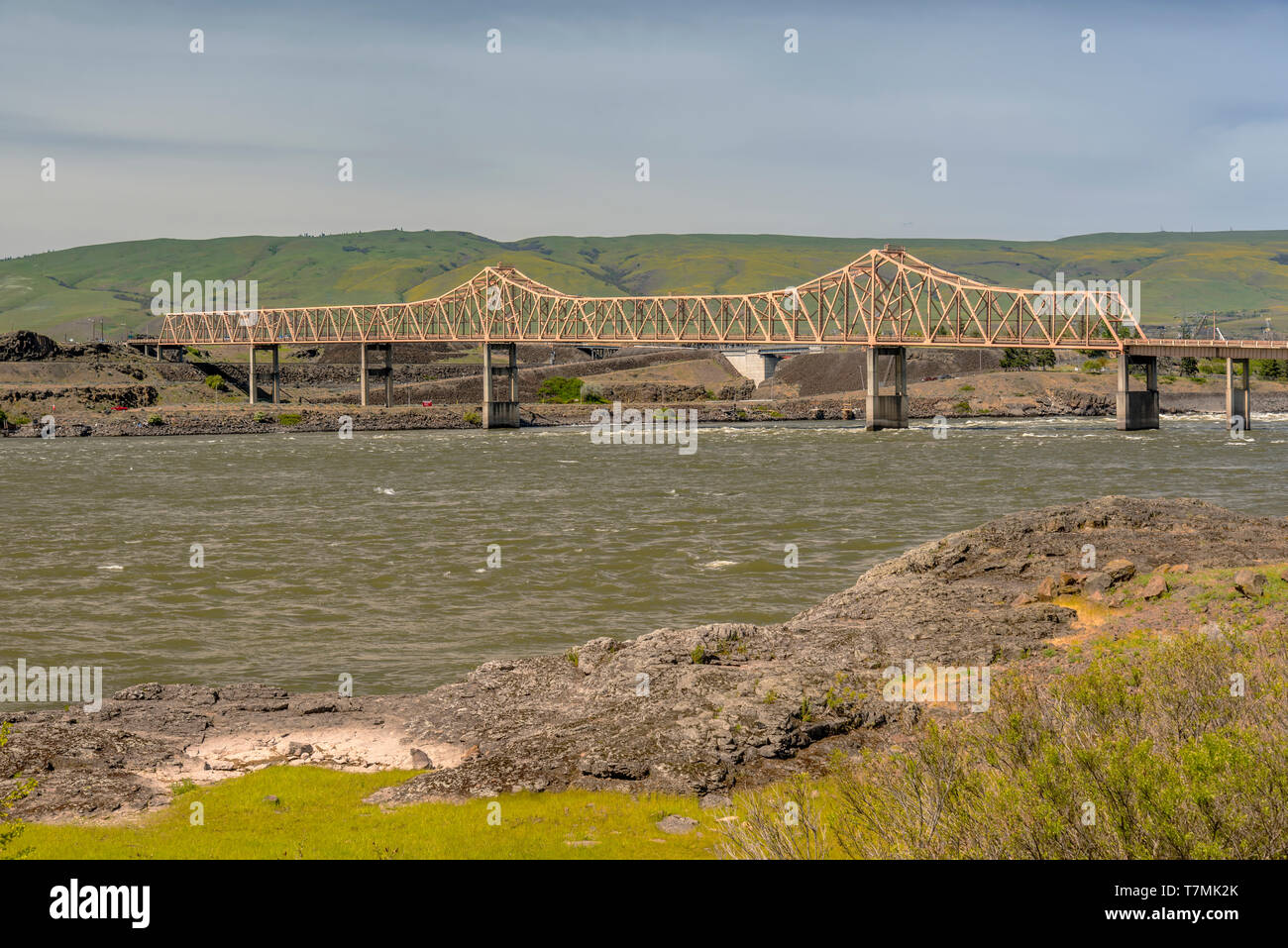 Bridge crossings and columbia river at the Dalles Oregon state. Stock Photo