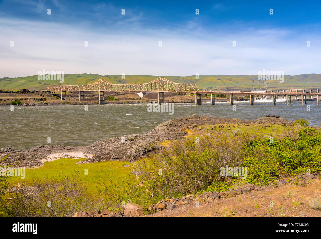 Bridge crossings and columbia river at the Dalles Oregon state. Stock Photo
