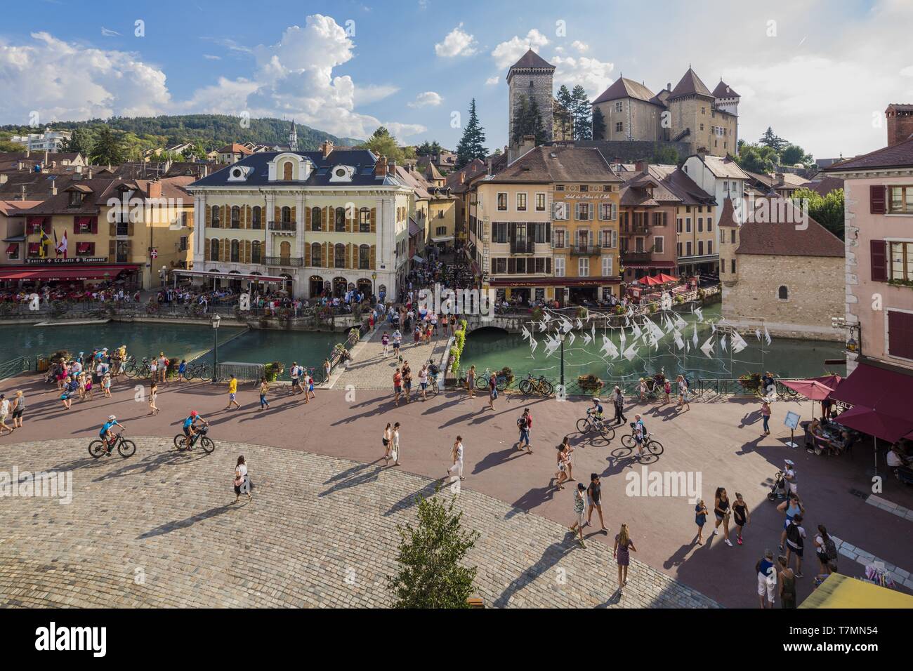 France, Haute Savoie, Annecy, the old town, Quai Perriere on Thiou river banks and the Musee Château (Castle Museum)old town on the Thiou river banks, former jails of Palais de l'Isle and the Isle Quays Stock Photo