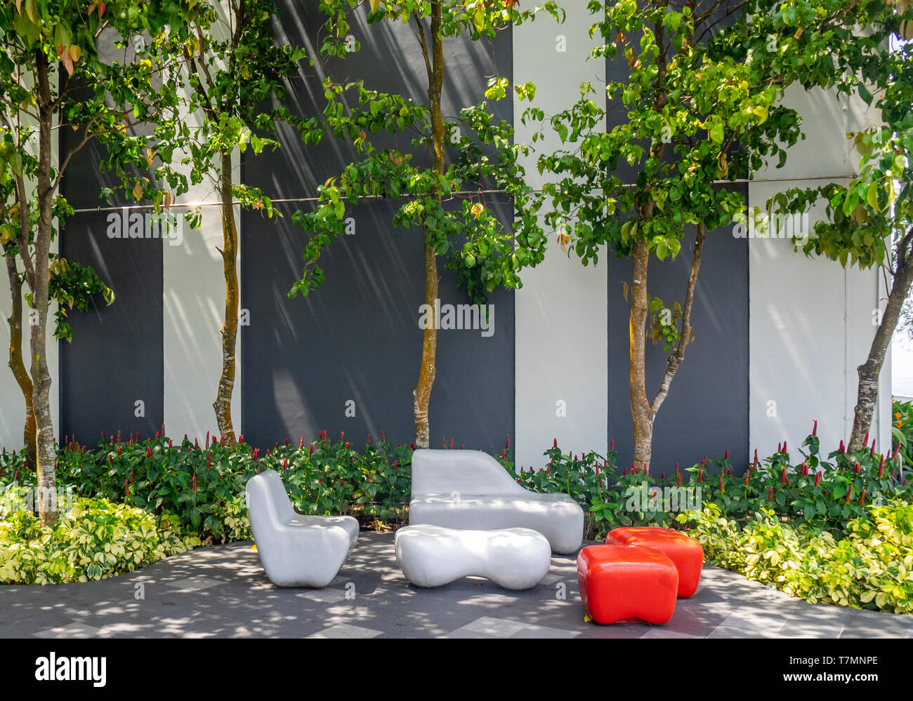 Outdoor furniture on 50th floor skygarden at Pinnacle@Duxton apartment complex Singapore. Stock Photo