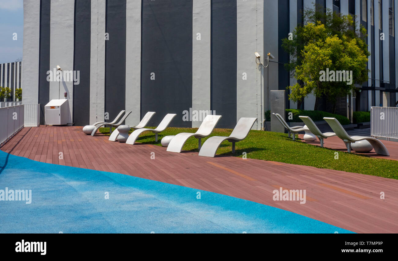 Outdoor sunlounger furniture on the 50th floor sky garden viewing