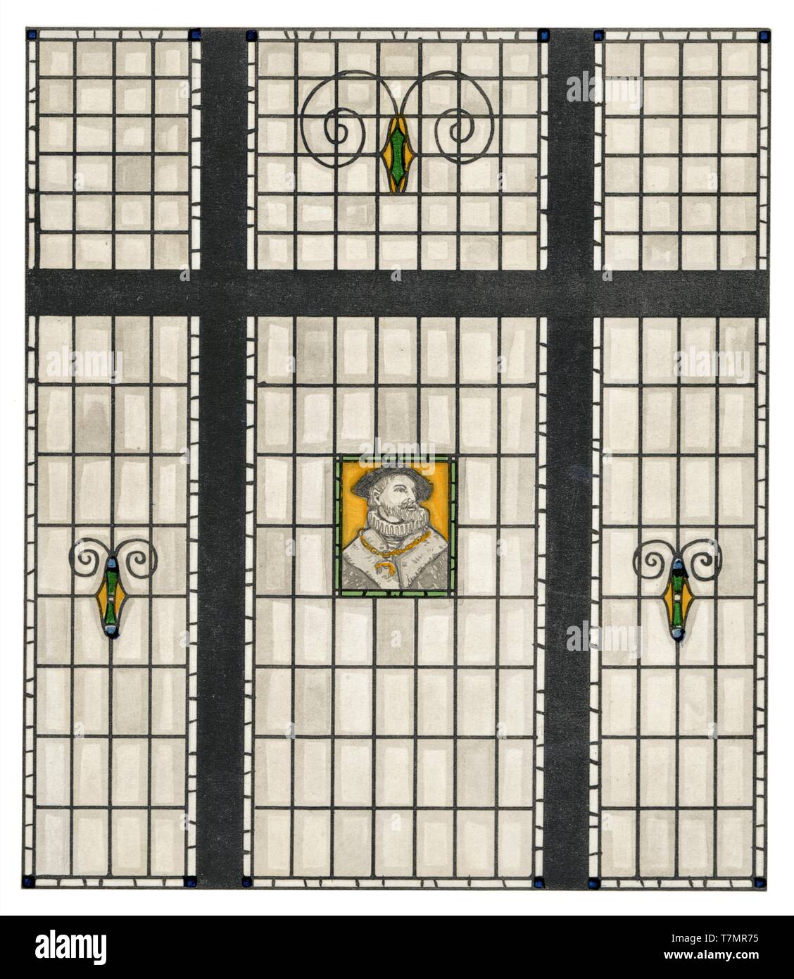 Stained Glass, 3 patterns: Ancient Gentleman, Abstract - Art Nouveau vintage illustration by Artistic Stained Glass 1911 Stock Photo