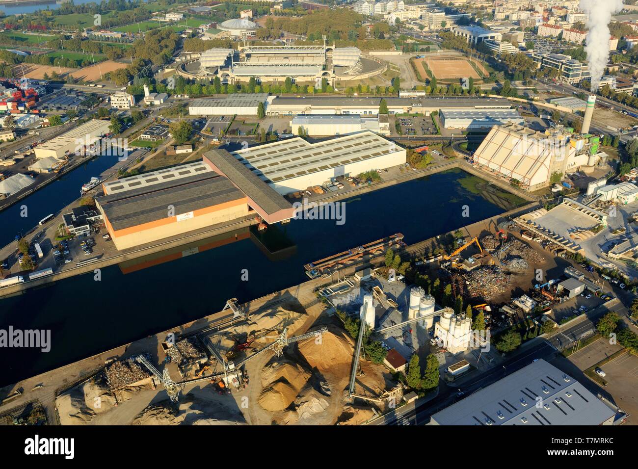 France, Rhône, Lyon, 7th district, Gerland district, Edouard Herriot port, Gerland stadium in the background (aerial view) Stock Photo