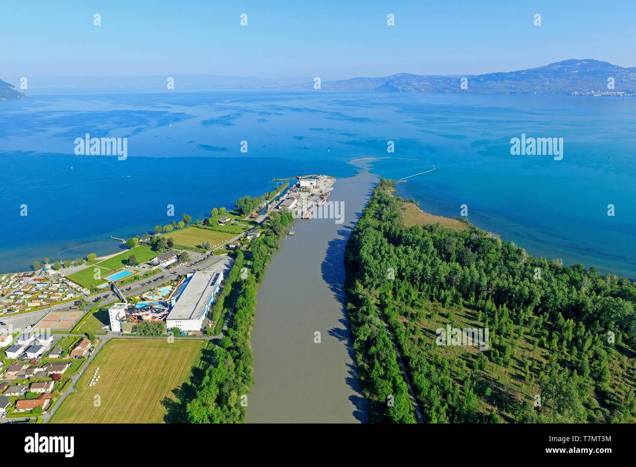 Switzerland, canton of Vaud district of Aigle and canton of Valais, district of Monthey, Noville, Lake Geneva, mouth of the Rhone, Port Valais on the left (aerial view) Stock Photo