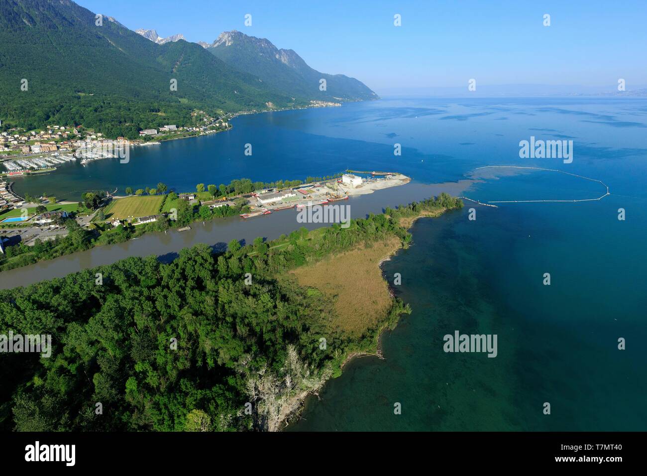 Switzerland, canton of Vaud district of Aigle and canton of Valais, district of Monthey, Lake Geneva, mouth of the Rhone, Port Valais on the left (aerial view) Stock Photo