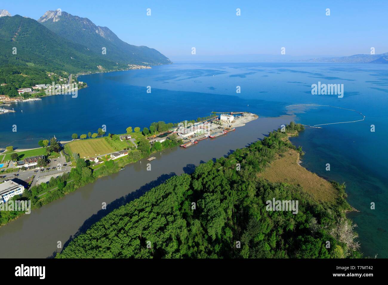 Switzerland, canton of Vaud district of Aigle and canton of Valais, district of Monthey, Noville, Lake Geneva, mouth of the Rhone, Port Valais on the left (aerial view) Stock Photo