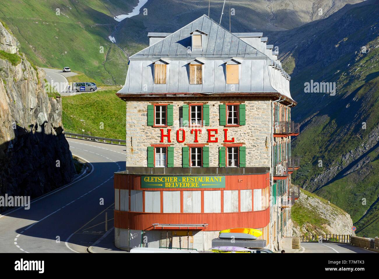 Switzerland, Canton of Valais, Obergoms, Furka Pass road, Hotel Belvédère  Stock Photo - Alamy