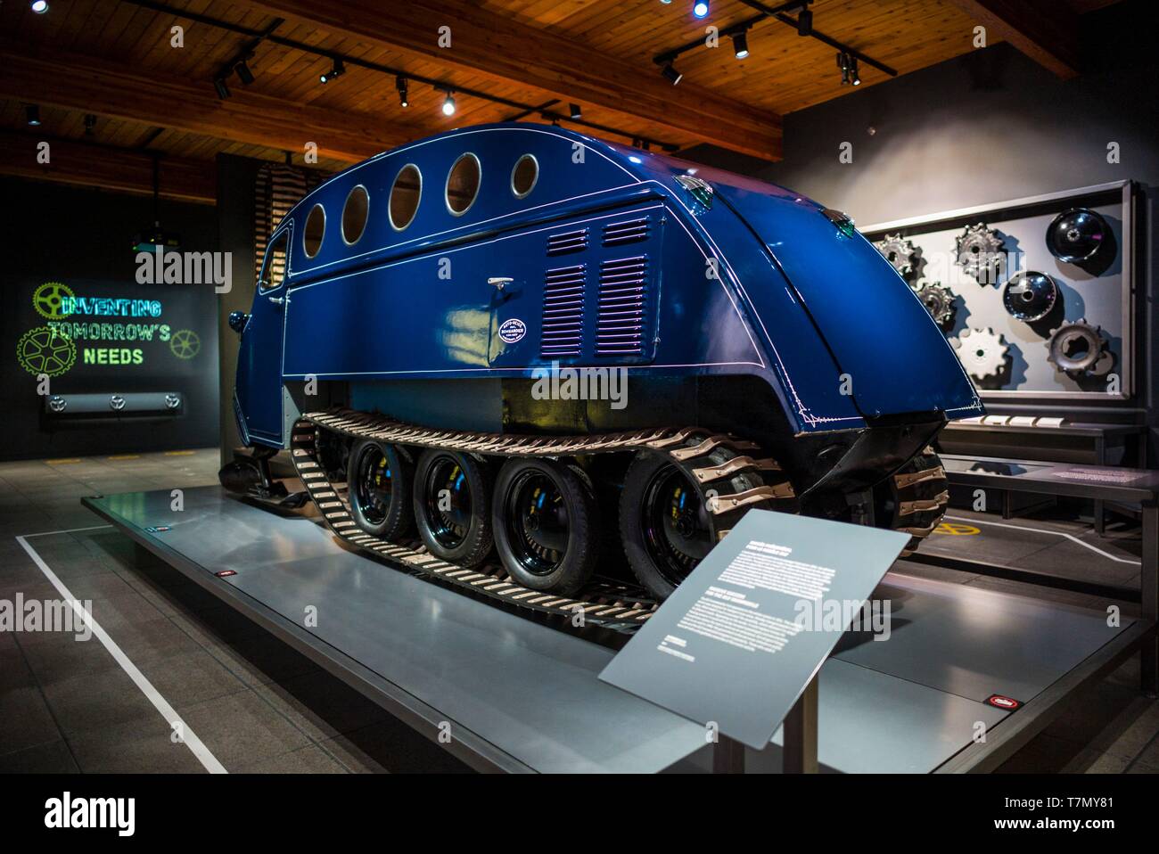 Canada, Quebec, Estrie Region, Valcourt, Musee J Armand Bombardier, museum dedicated to the inventor of the modern snowmobile, early snowmobile prototype Stock Photo