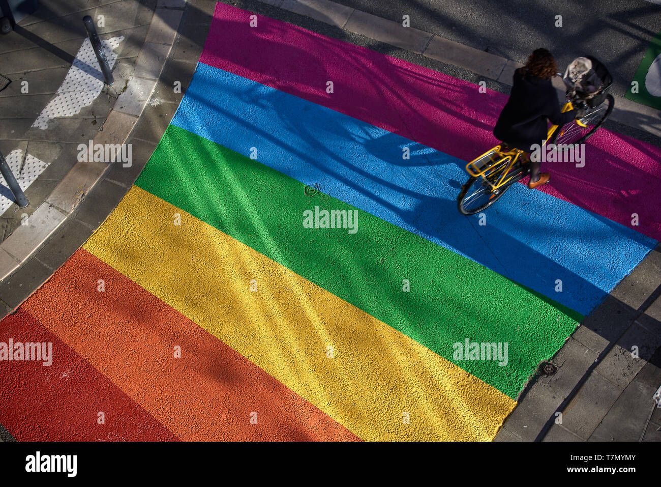 GRENOBLE, FRANCE - MARCH 26, 2019: Rainbow crosswalk in the fortnight against racism and discrimination in Grenoble Stock Photo