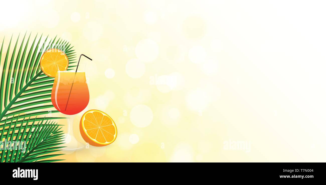 Summer refreshing design. Cocktail between palm tree leaves in the sunshine, with black straw. Orange slice on the edge of the glass. Fruit besides th Stock Vector