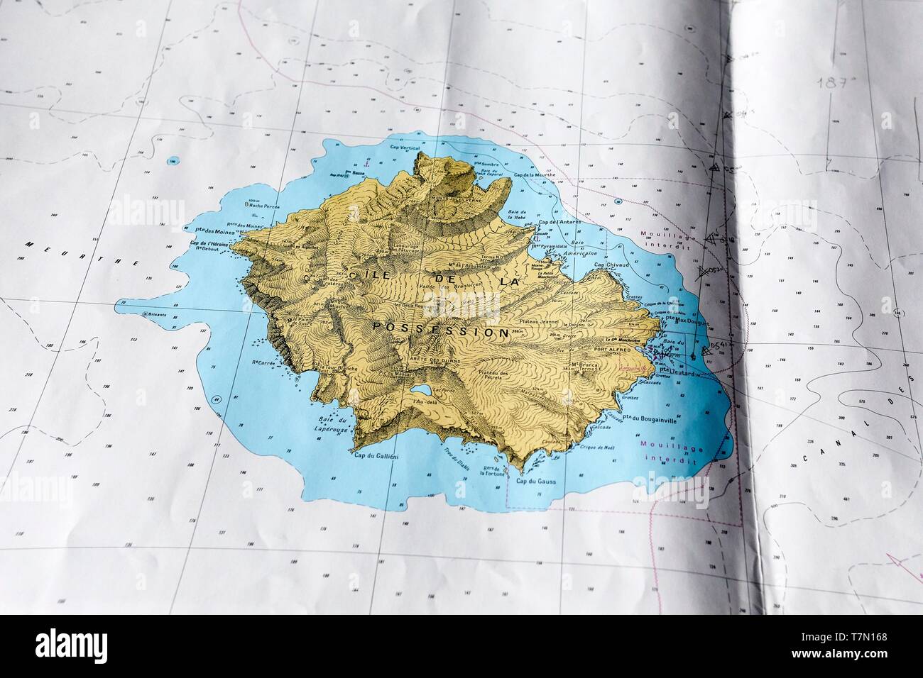 France, French Southern and Antarctic Lands, Crozet Islands, Ile de la Possession (Possession Island), Sea chart of the island aboard the Marion Dufresne (supply ship of French Southern and Antarctic Territories) Stock Photo