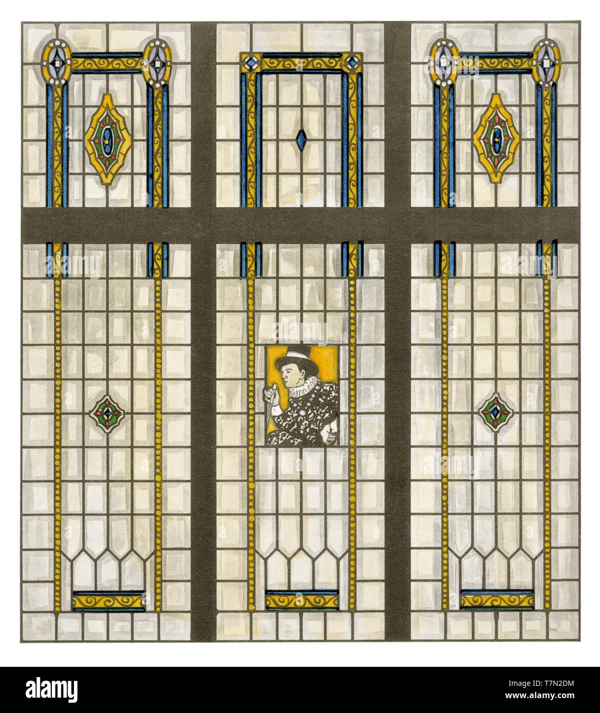Stained Glass, 4 patterns: Ancient Gentleman, Abstract - Art Nouveau vintage illustration by Artistic Stained Glass 1911 Stock Photo