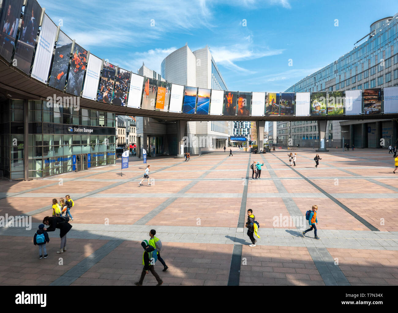 Agora Simone Veil with Station Europe, Parlamentarium, skywalk exhibition on Esplanade Solidarność 1980, the Mall of the European Parliament Brussels Stock Photo