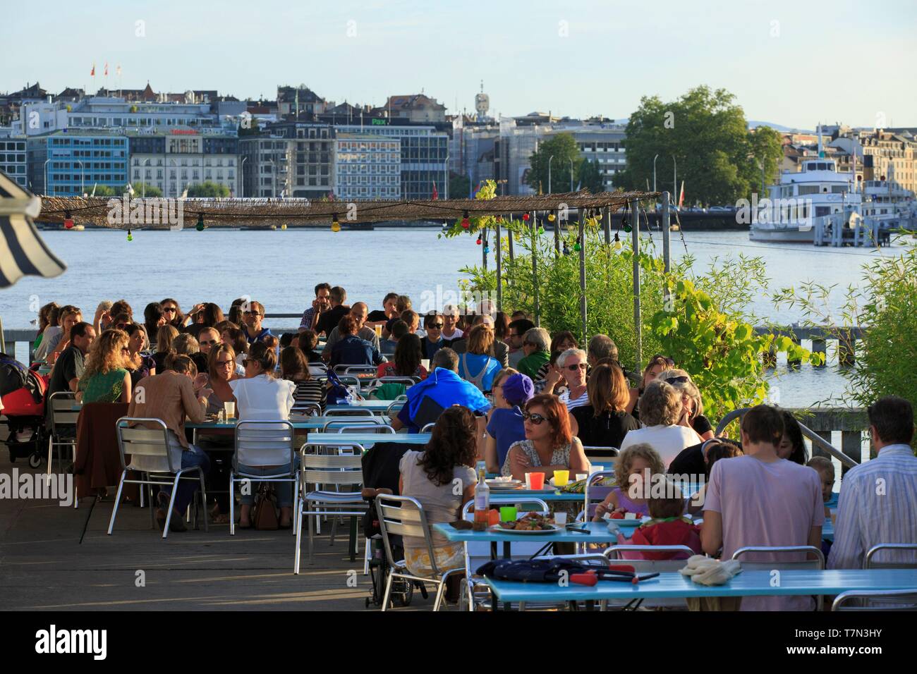 Switzerland, Geneva, Rade de Genève, Pâquis Pier, Les Bains Stock Photo ...