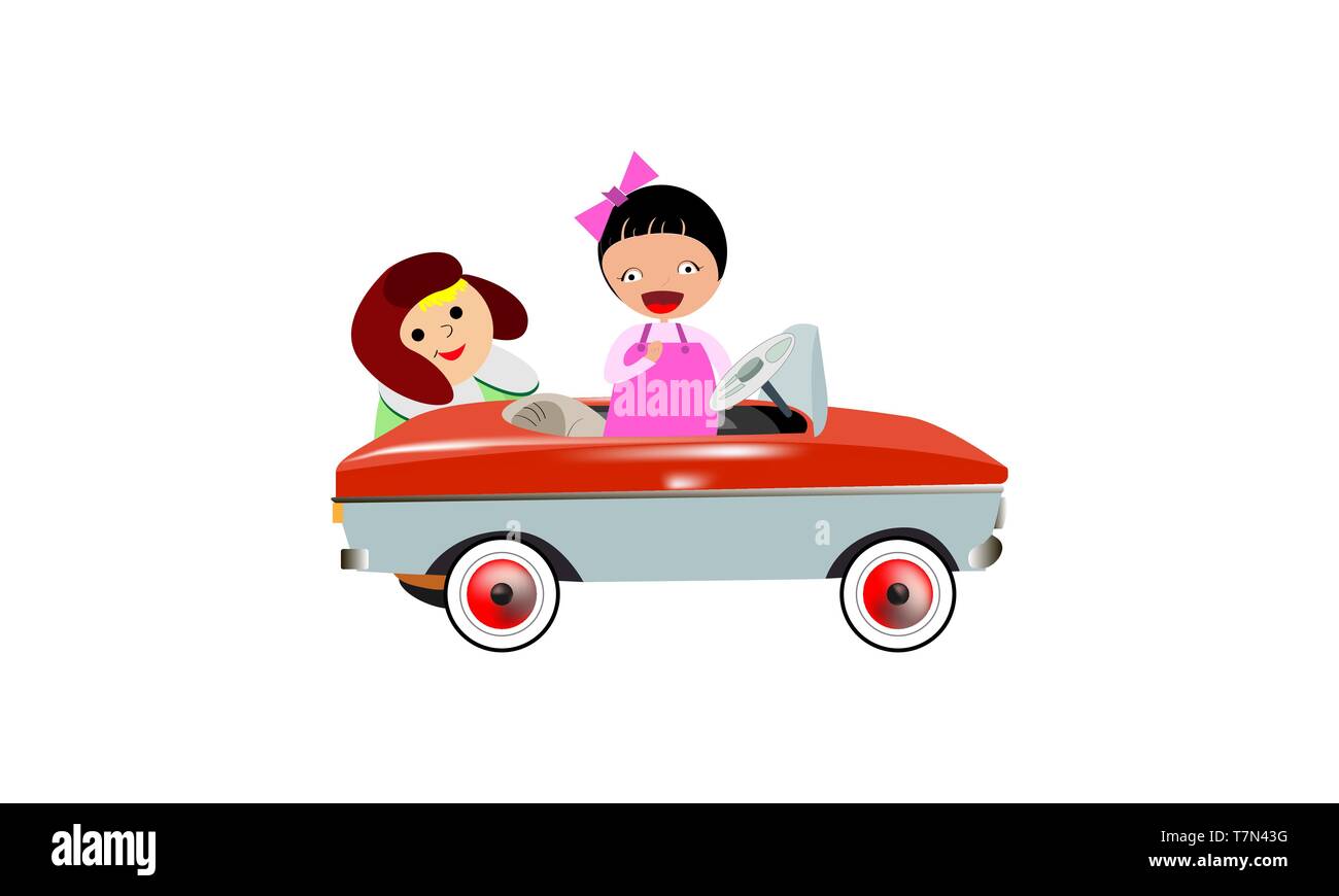 Children's pedal car. Kids are playing. Vector illustration. White