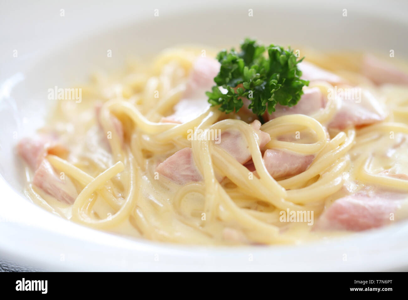 Spaghetti Carbonara with ham and cheese Stock Photo Alamy